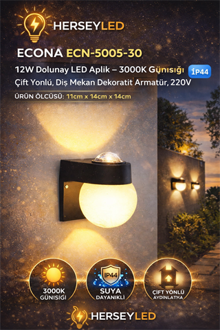 ECONA ECN-5005-30 12W Dolunay LED Aplik – 3000K Günışığı, Çift Yönlü, Dış Mekan Dekoratif Armatür, 220V