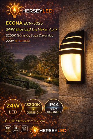 ECONA ECN-5025 24W Elips LED Dış Mekan Aplik – 3200K Günışığı, Suya Dayanıklı, 220V