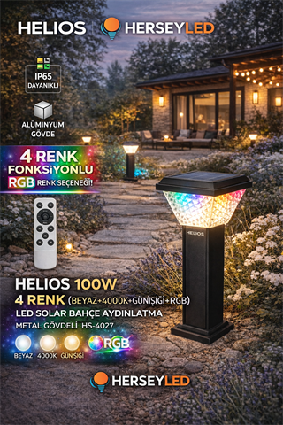 HELIOS 100W 4RENK (BEYAZ+4000K+GÜNIŞIĞI+RGB) LED SOLAR BAHÇE AYDINLATMA METAL GÖVDELİ  HS-4027