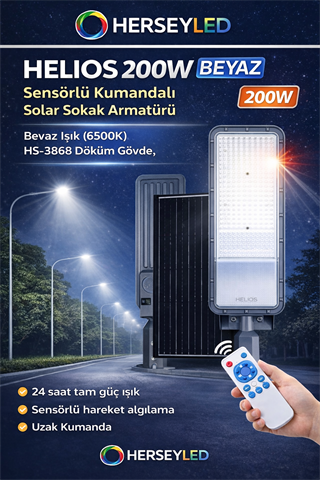 HELIOS 200W BEYAZ Sensörlü Kumandalı Solar Sokak Armatürü - Beyaz Işık (6500K) HS-3868