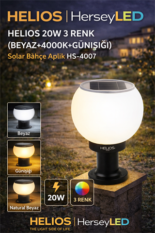 HELIOS 20W 3 RENK ( BEYAZ+4000K+GÜNIŞIĞI)Solar Bahçe Aplik HS-4007