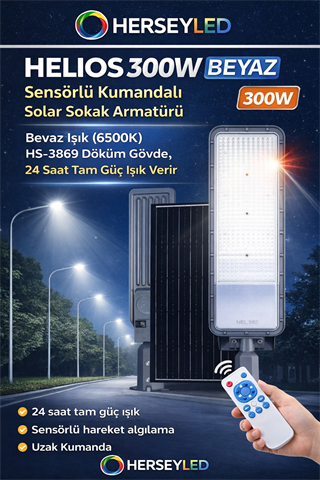 HELIOS  300W BEYAZ  Sensörlü Kumandalı Solar Sokak Armatürü - Beyaz Işık (6500K) HS-3869
