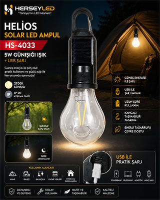 HELİOS 5W SOLAR LED AMPUL GÜNIŞIĞI IŞIK ( +USB ŞARJ ) HS-4033 HS-3824