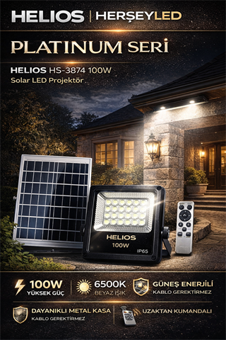 HELIOS HS-3874 100W Solar LED Projektör – 6500K Beyaz Işık, Güneş Enerjili, Su Geçirmez