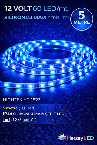 HIGHTEK HT-1827 12V Mavi Şerit LED – 4040/60, Silikonlu, IP65 Su Geçirmez, 5 Metre