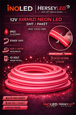 İNOLED 12V NEON KIRMIZI 5MT / PAKET 6X12MM İNO-4342-08K