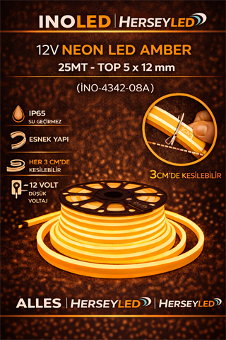 İNOLED 12V NEON LED AMBER   25MT - TOP 5 x 12 mm