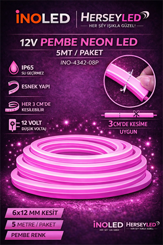 İNOLED 12V NEON PEMBE 5MT / PAKET 6X12MM