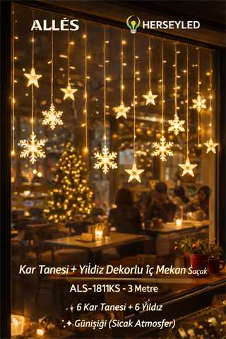 KAR TANESİ VE YILDIZ DEKORLU İÇ MEKAN SAÇAK LED GÜNIŞIĞI FONKSİYONLU ( 3MT GENİŞLİK )