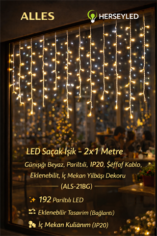 LED Saçak Işık – 2x1 Metre, Günışığı Beyaz, Parıltılı, IP20, Şeffaf Kablo, Eklenebilir, İç Mekan Yılbaşı Dekoru