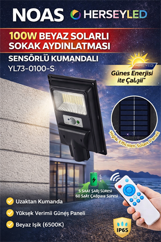 NOAS 100W BEYAZ SOLARLI SOKAK AYDINLATMASI SENSÖRLÜ KUMANDALI YL73-0100-S