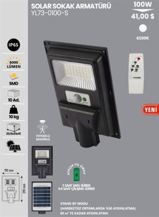 NOAS 100W BEYAZ SOLARLI SOKAK AYDINLATMASI SENSÖRLÜ KUMANDALI YL73-0100-S