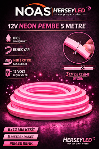 NOAS 12V NEON PEMBE 5MT / PAKET 6X12MM YL42-0128