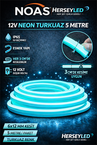 NOAS 12V NEON TURKUAZ  5MT / PAKET 6X12MM YL42-1219