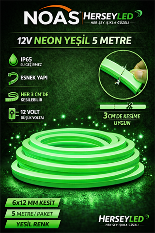 NOAS 12V NEON YEŞİL 5MT / PAKET 6X12MM YL42-0125