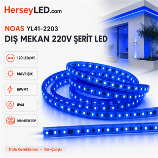 NOAS  220V 120 LEDLİ TRAFOSUZ ŞERİT LED MAVİ YL41-2203