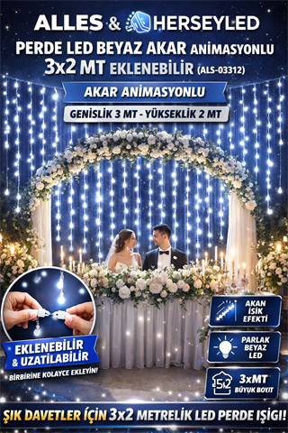 PERDE LED BEYAZ AKAR ANİMASYONLU 3X2 MT EKLENEBİLİR