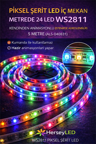 PİKSEL ŞERİT LED İÇ MEKAN METREDE 24 LED WS2811 KENDİNDEN ANİMASYONLU ( İSTENİRSE ADRESLENBİLİR ) 5 METRE