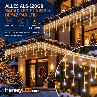 SAÇAK LED GÜN IŞIĞI ( BEYAZ ÇAKARLI  ) DIŞ MEKAN IP65 3 metre genişlik (30-50-70cm saçak uzunlukları ) EKLENEBİLİR 120 LEDLİ BEYAZ KABLOLU YILBAŞI LED IŞIK 220V