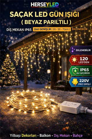 SAÇAK LED GÜN IŞIĞI ( BEYAZ PARILTILI ) DIŞ MEKAN IP65 2-mt (30-50-70cm) EKLENEBİLİR 120 LEDLİ BEYAZ KABLOLU YILBAŞI LED IŞIK  220V
