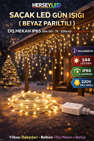 SAÇAK LED GÜN IŞIĞI ( BEYAZ PARILTILI ) DIŞ MEKAN IP65 2mt (50 -75-100cm) EKLENEBİLİR 144 LEDLİ BEYAZ KABLOLU YILBAŞI LED IŞIK  220V