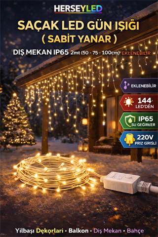 SAÇAK LED GÜN IŞIĞI ( SABİT YANAR ) DIŞ MEKAN IP65 2mt (50 -75-100cm) EKLENEBİLİR 144 LEDLİ BEYAZ KABLOLU YILBAŞI LED IŞIK  220V