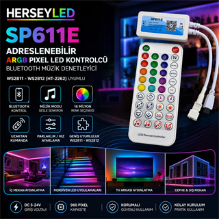 SP611E Adreslenebilir ARGB Pixel Led Kontrolcü Bluetooth Müzik Denetleyicisi WS2811-WS2812