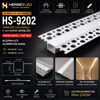 TRİMLESS LED KANALI ( 1,2mm KAPAK GENİŞLİĞİ ) + KAPAK DAHİL / 3 MT BOY  ALÇIPAN ALTI ALUMİNYUM KANAL ( HS-9202 )