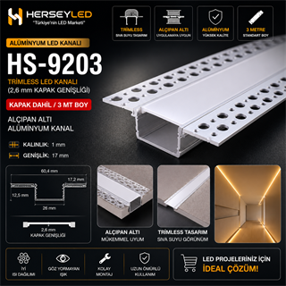 TRİMLESS LED KANALI ( 2,6 mm KAPAK GENİŞLİĞİ ) + KAPAK DAHİL / 3 MT BOY  ALÇIPAN ALTI ALUMİNYUM KANAL ( HS-9203 )