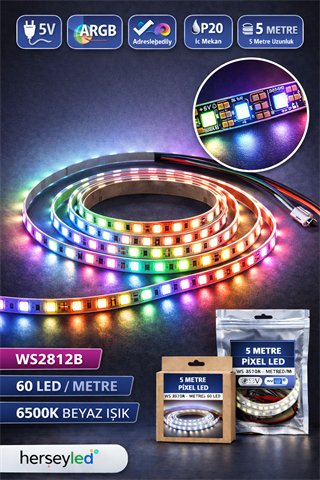 WS2812B 5V ARGB Pixel Şerit LED – Adreslenebilir, IP20, Metrede 60 LED, 5 Metre