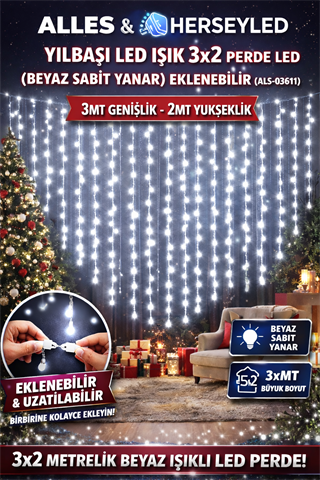 YILBAŞI LED IŞIK 3X2 PERDE LED ( BEYAZ SABİT YANAR )EKLENEBİLİR