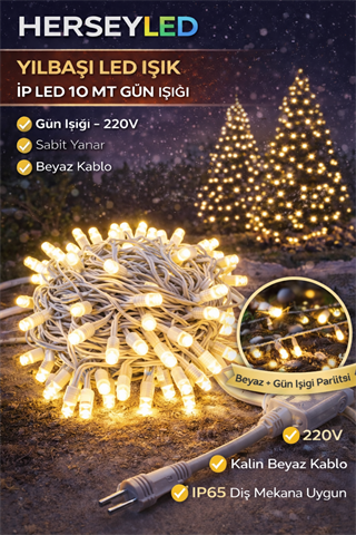 YILBAŞI LED IŞIK İP LED 10 MT GÜN IŞIĞI IP65 SABİT YANAR BEYAZ KABLO AL-80 220V