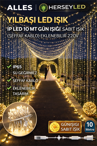 YILBAŞI LED IŞIK İP LED 10 MT GÜN IŞIĞI SABİT IŞIK IP65  (ŞEFFAF KABLO ) EKLENEBİLİR  220V