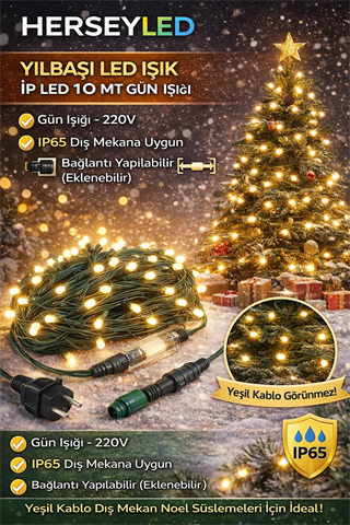 YILBAŞI LED IŞIK İP LED 10 MT GÜN IŞIĞI IP65 SABİT YANAR YEŞİL KABLO EKLENEBİLİR  220V