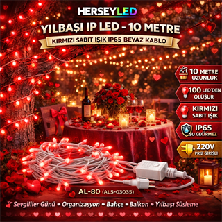YILBAŞI LED IŞIK İP LED 10 MT KIRMIZI SABİT IP65 BEYAZ KABLO AL-80