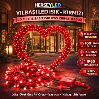 YILBAŞI LED IŞIK İP LED 10 MT KIRMIZI SABİT IP65 KIRMIZI KABLO KABLO AL-80