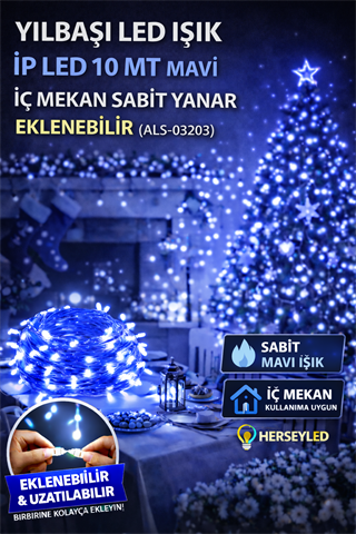 YILBAŞI LED IŞIK İP LED 10 MT MAVİ İÇ MEKAN SABİT YANAR EKLENEBİLİR