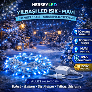 YILBAŞI LED IŞIK İP LED 10 MT MAVİ SABİT IP65 BEYAZ KABLO AL-80