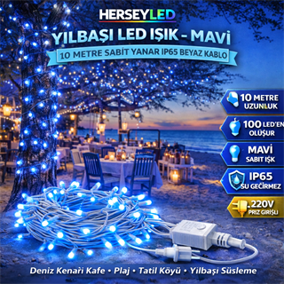 YILBAŞI LED IŞIK İP LED 10 MT MAVİ SABİT IP65 BEYAZ KABLO AL-80