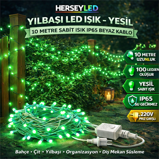 YILBAŞI LED IŞIK İP LED 10 MT YEŞİL SABİT IP65 BEYAZ KABLO AL-80