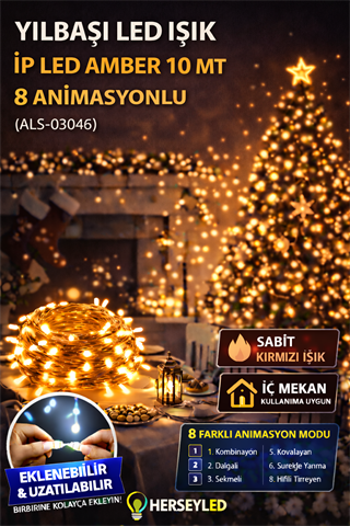 YILBAŞI LED IŞIK İP LED AMBER 10 MT 8 ANIMASYON EKLENEMEZ