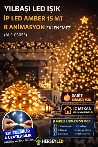 YILBAŞI LED IŞIK İP LED AMBER 15 MT 8 ANIMASYON EKLENEMEZ