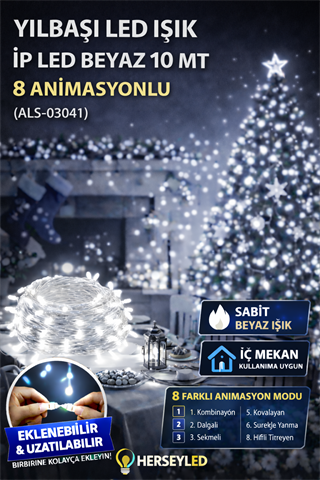 YILBAŞI LED IŞIK İP LED BEYAZ 10 MT 8 ANIMASYON EKLENEMEZ