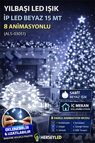YILBAŞI LED IŞIK İP LED BEYAZ 15 MT 8 ANIMASYON EKLENEMEZ