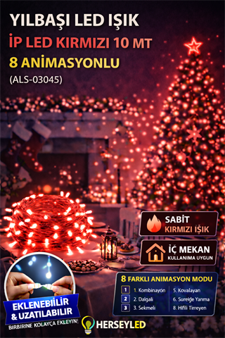YILBAŞI LED IŞIK İP LED KIRMIZI 10 MT 8 ANIMASYON EKLENEMEZ
