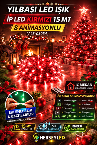 YILBAŞI LED IŞIK İP LED KIRMIZI 15 MT 8 ANIMASYON EKLENEMEZ