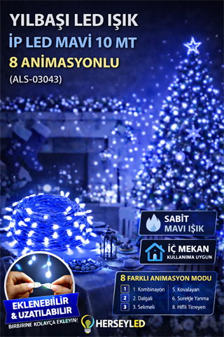 YILBAŞI LED IŞIK İP LED MAVİ 10 MT 8 ANIMASYON EKLENEMEZ