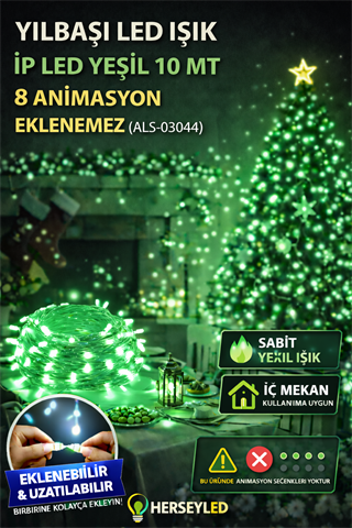 YILBAŞI LED IŞIK İP LED YEŞİL 10 MT 8 ANIMASYON EKLENEMEZ