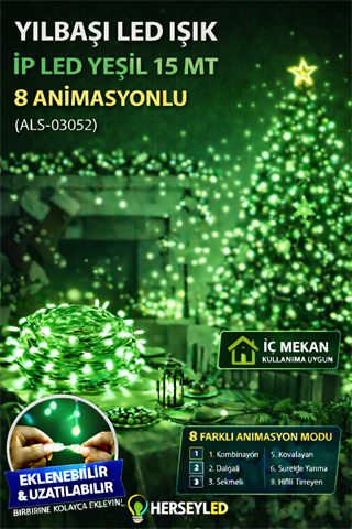 YILBAŞI LED IŞIK İP LED YEŞİL 15 MT 8 ANIMASYON EKLENEMEZ