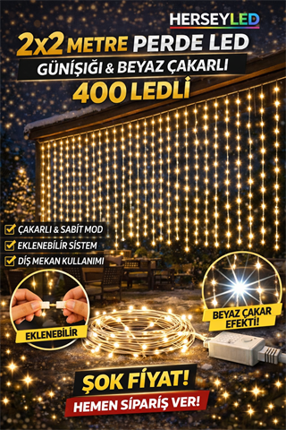 YILBAŞI LED IŞIK PERDE LED 2X2mt GÜNIŞIĞI (BEYAZ ÇAKARLI ) (400 LEDLİ ) EKLENEBİLİR IP65